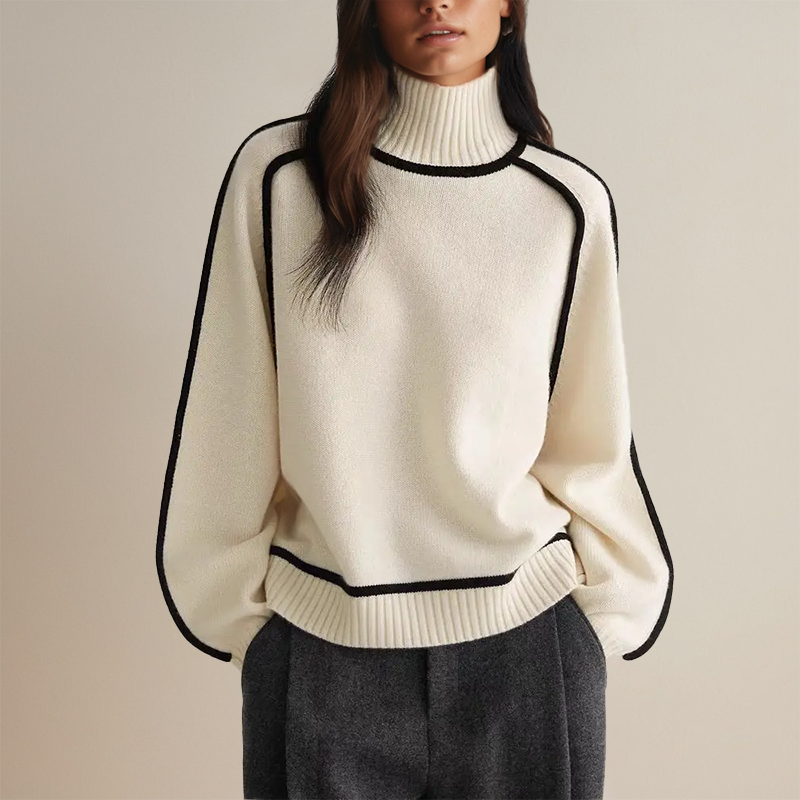 Women's loose half-high neck striped knit sweater
