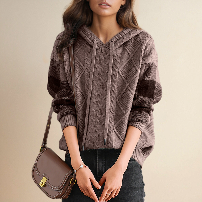 Women's casual hooded loose knit long sleeve with drawstring