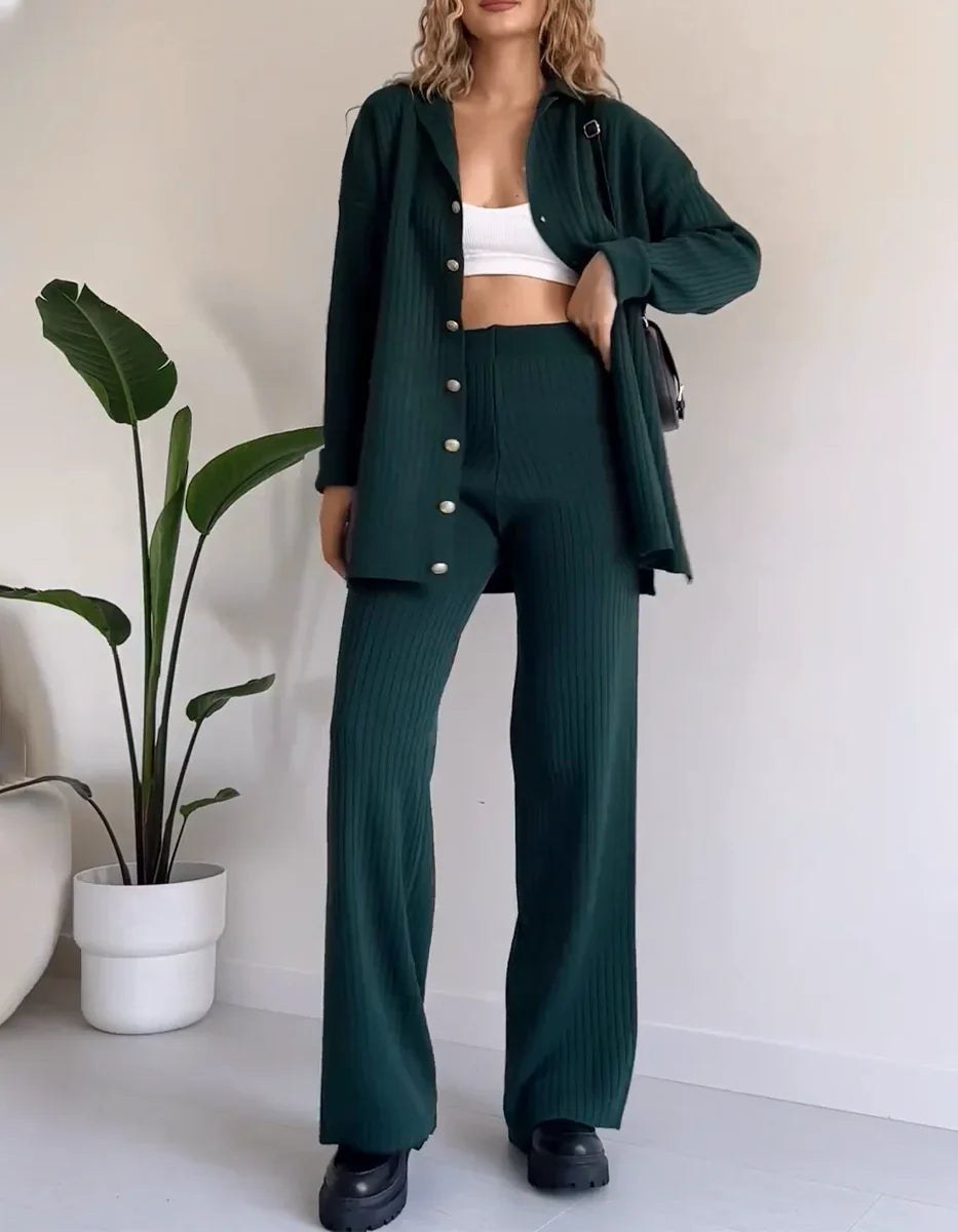 Women's Ribbed Knit Set - Button-Up Cardigan & High-Waisted Wide-Leg Pants