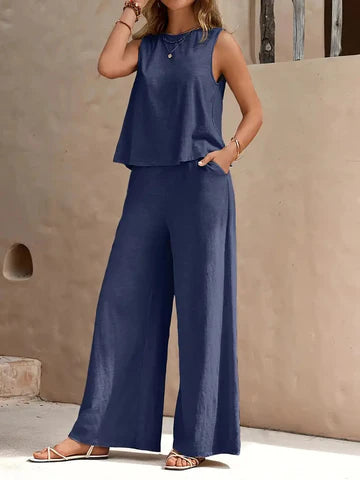Women's Two-Piece Set - Sleeveless Loose-Fit Top & Wide-Leg Pants - Comfortable Wear