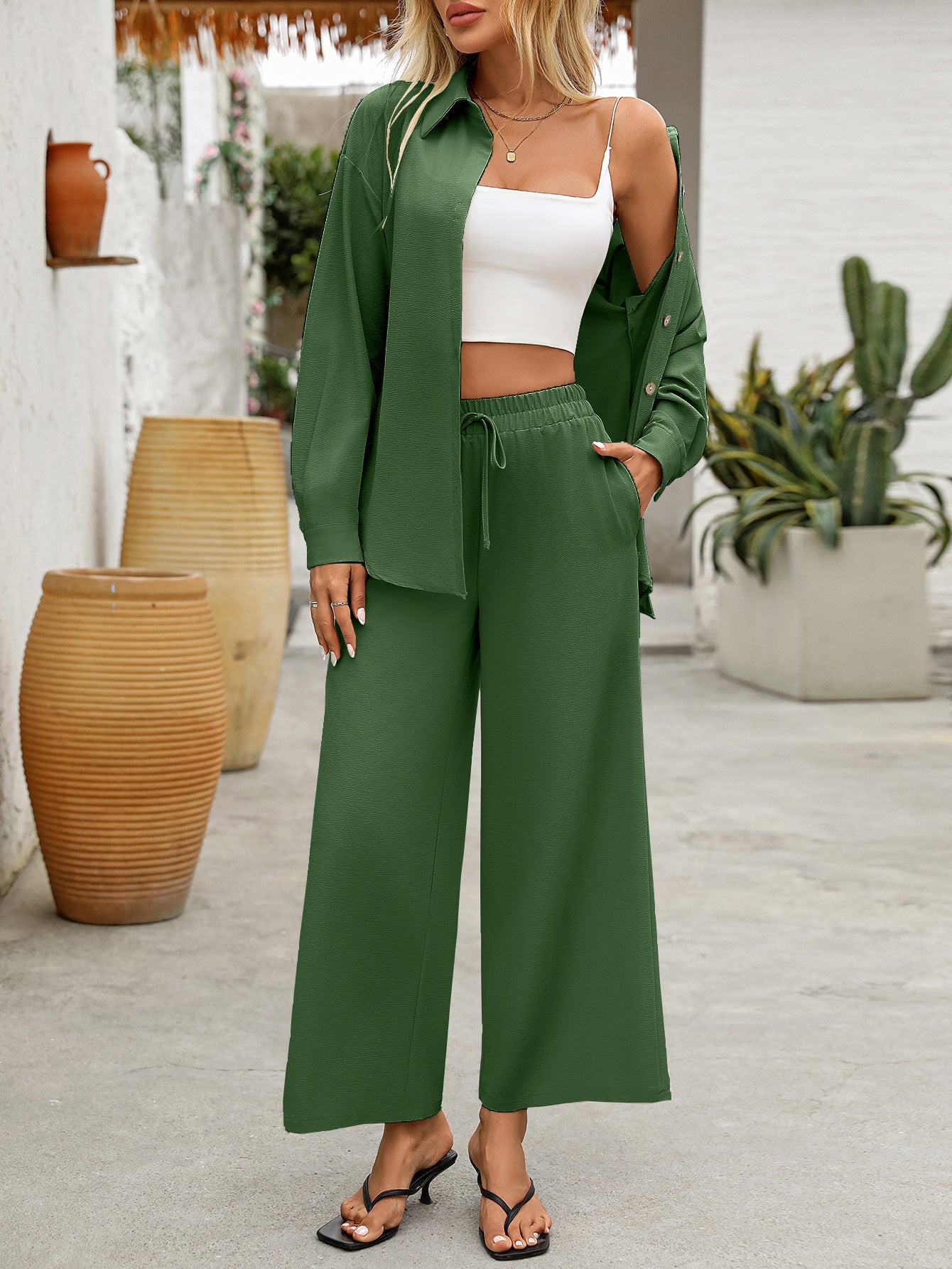 Women's Loungewear Set - Linen Blend - Button-Up Shirt & Wide-Leg Pants