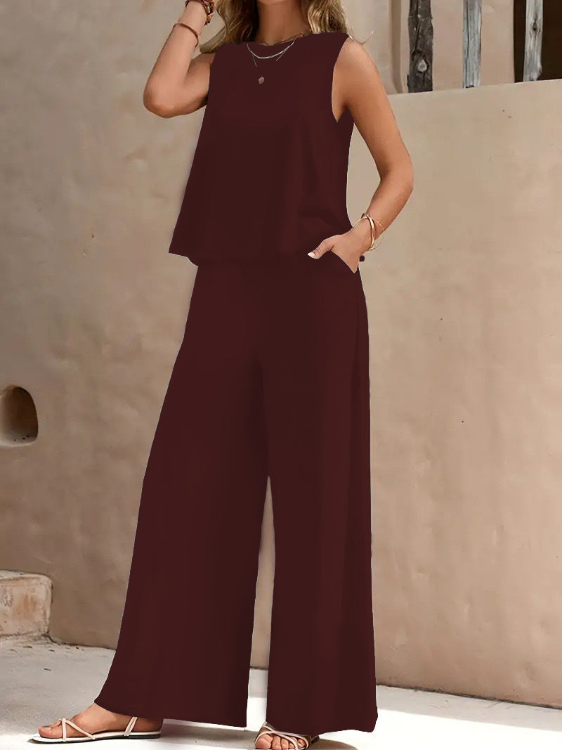 Women's Two-Piece Set - Sleeveless Loose-Fit Top & Wide-Leg Pants - Comfortable Wear