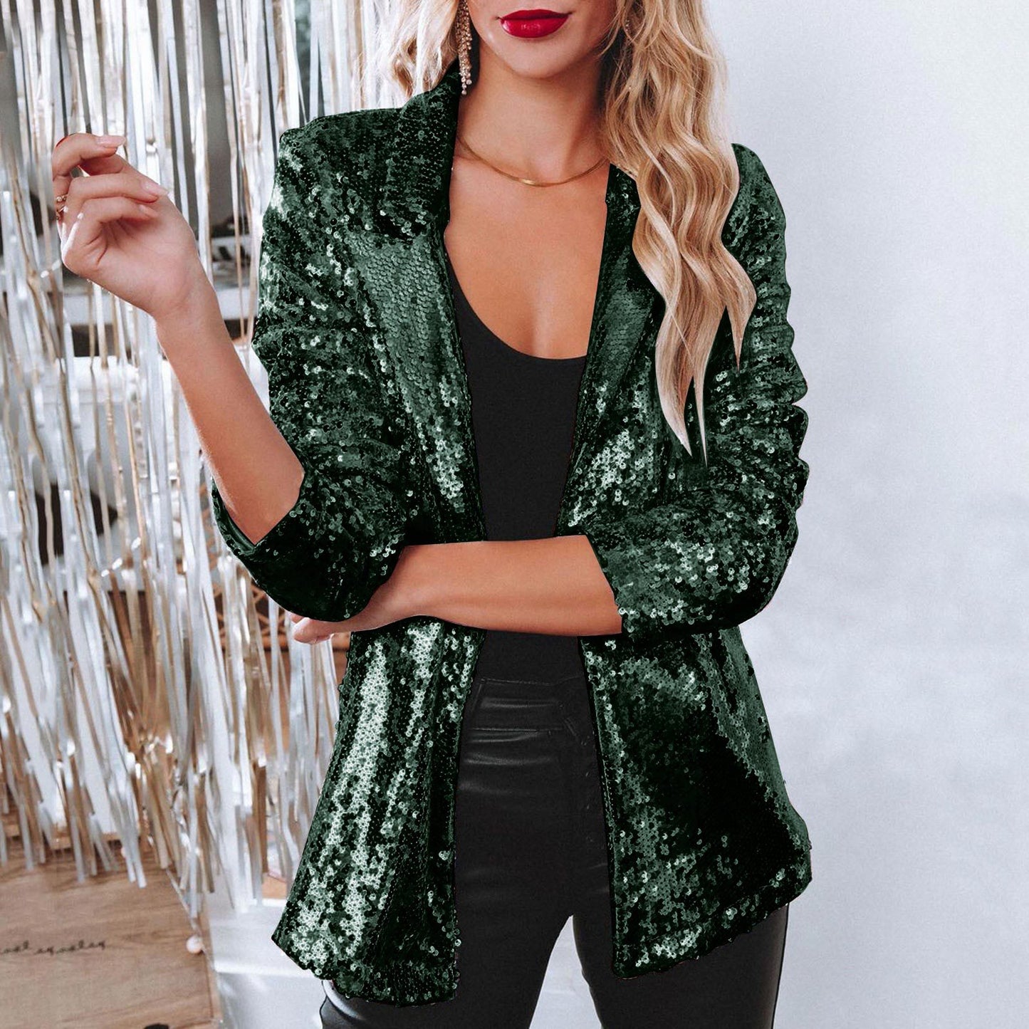 Sequin blazer with lapel collar for women