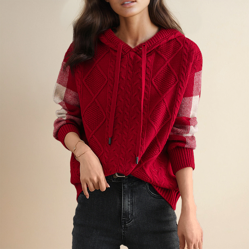 Women's casual hooded loose knit long sleeve with drawstring