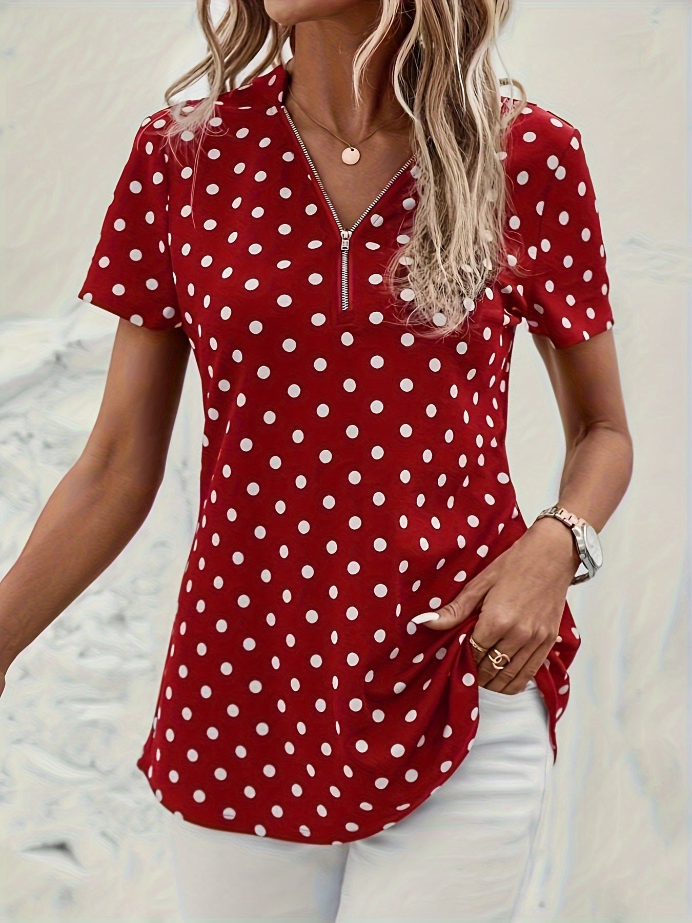 Women's Polka Dot Blouse - V-Neck with Zipper - Short Sleeve - Relaxed Fit