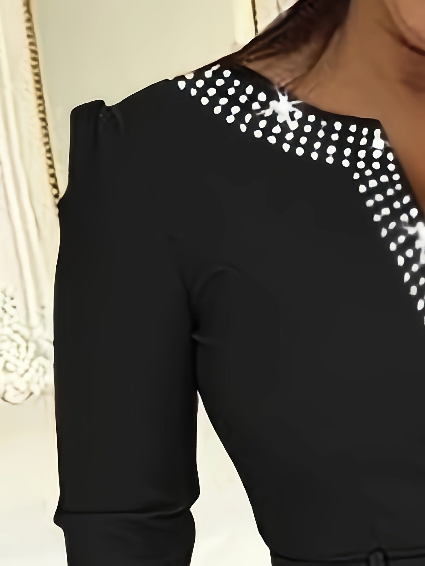 Women's V-Neck A-Line Dress – 3/4 Sleeve – Embellished Details – Belted Waist