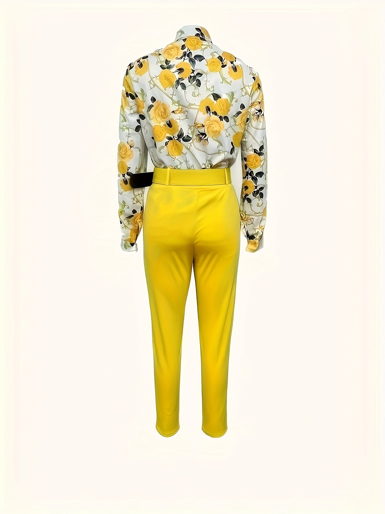 Floral printed long-sleeve shirt and high-waist pants set for women