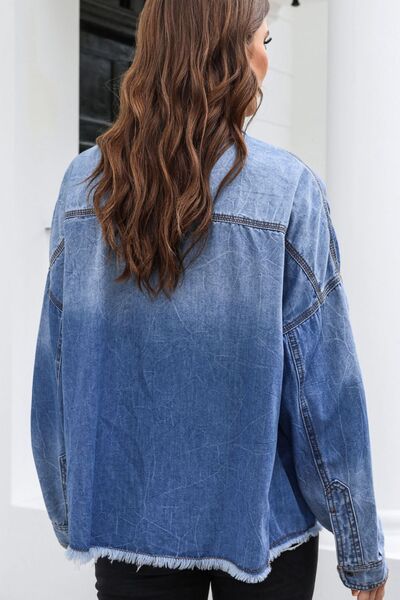 Juliette - raw hem pocketed collared neck denim jacket