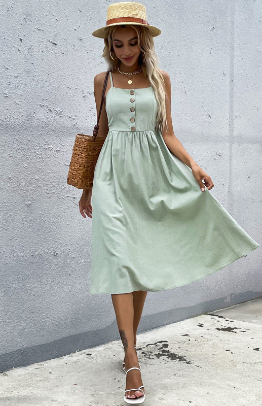 Women's A-Line Midi Dress - Sleeveless Spaghetti Strap - Button-Down Flared Fit