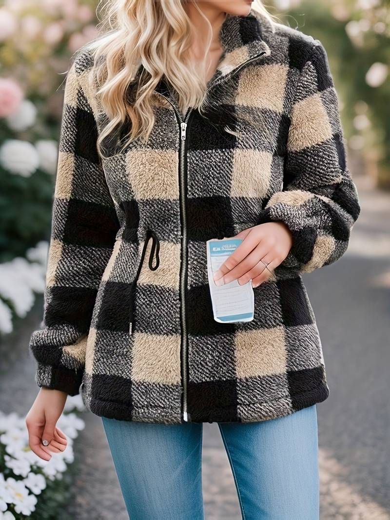 Women's checked teddy jacket with adjustable waist drawstring