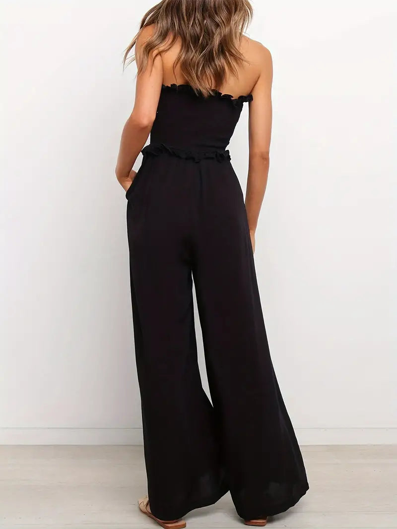 Women's Strapless Jumpsuit - Bandeau Ruffle Trim - Wide-Leg Flowy Relaxed Fit