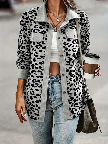 Women’s Shacket – Relaxed Fit Corduroy – Button-Up Long Sleeve – Animal Print