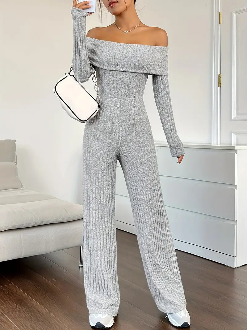 Ribbed Knit Off-Shoulder Wide-Leg Jumpsuit