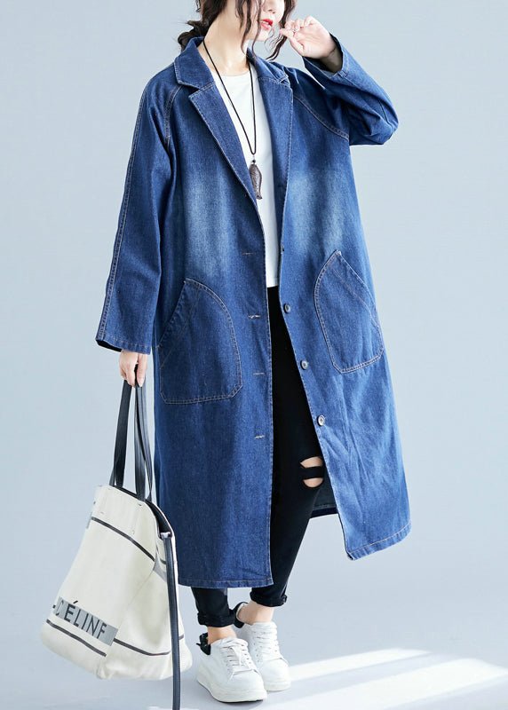 Women’s Denim Coat - Long Relaxed Fit - Button Front - Notched Collar - Front Pockets