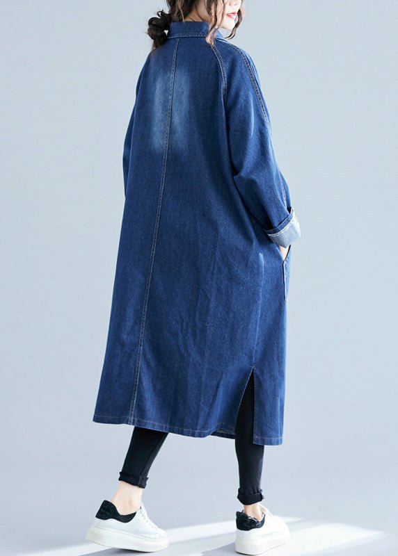 Women’s Denim Coat - Long Relaxed Fit - Button Front - Notched Collar - Front Pockets