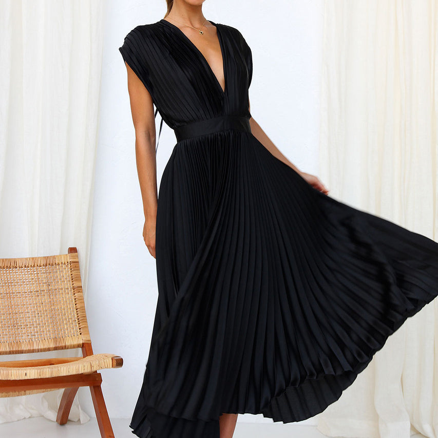 Women’s Midi Dress – A-Line Fit – V-Neck Sleeveless – Pleated Luxury Fabric – Open Back