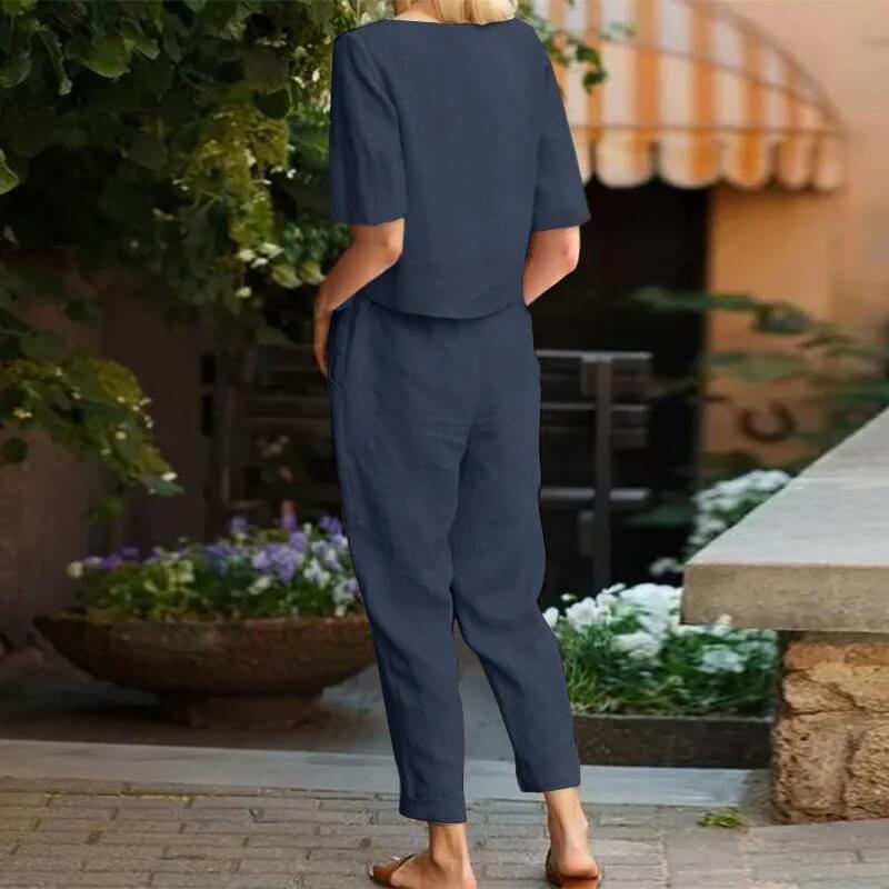 Women's Two-Piece Set - Relaxed Fit Short Sleeve Top & High-Waisted Tie Waist Pants