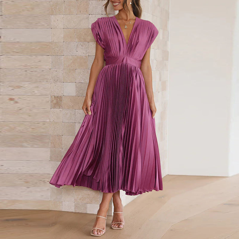 Women’s Midi Dress – A-Line Fit – V-Neck Sleeveless – Pleated Luxury Fabric – Open Back