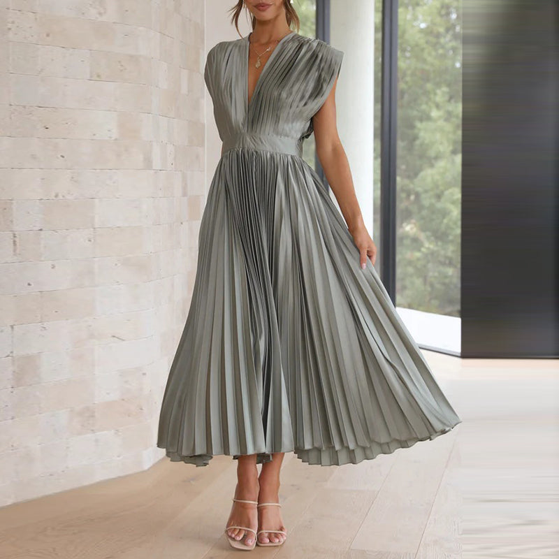 Women’s Midi Dress – A-Line Fit – V-Neck Sleeveless – Pleated Luxury Fabric – Open Back