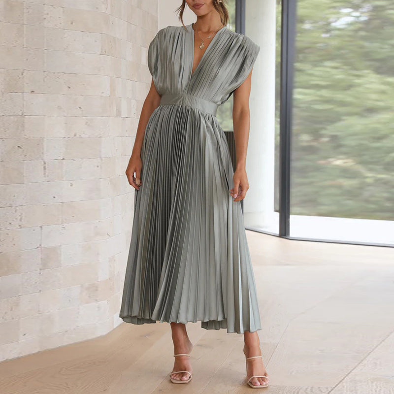 Women’s Midi Dress – A-Line Fit – V-Neck Sleeveless – Pleated Luxury Fabric – Open Back