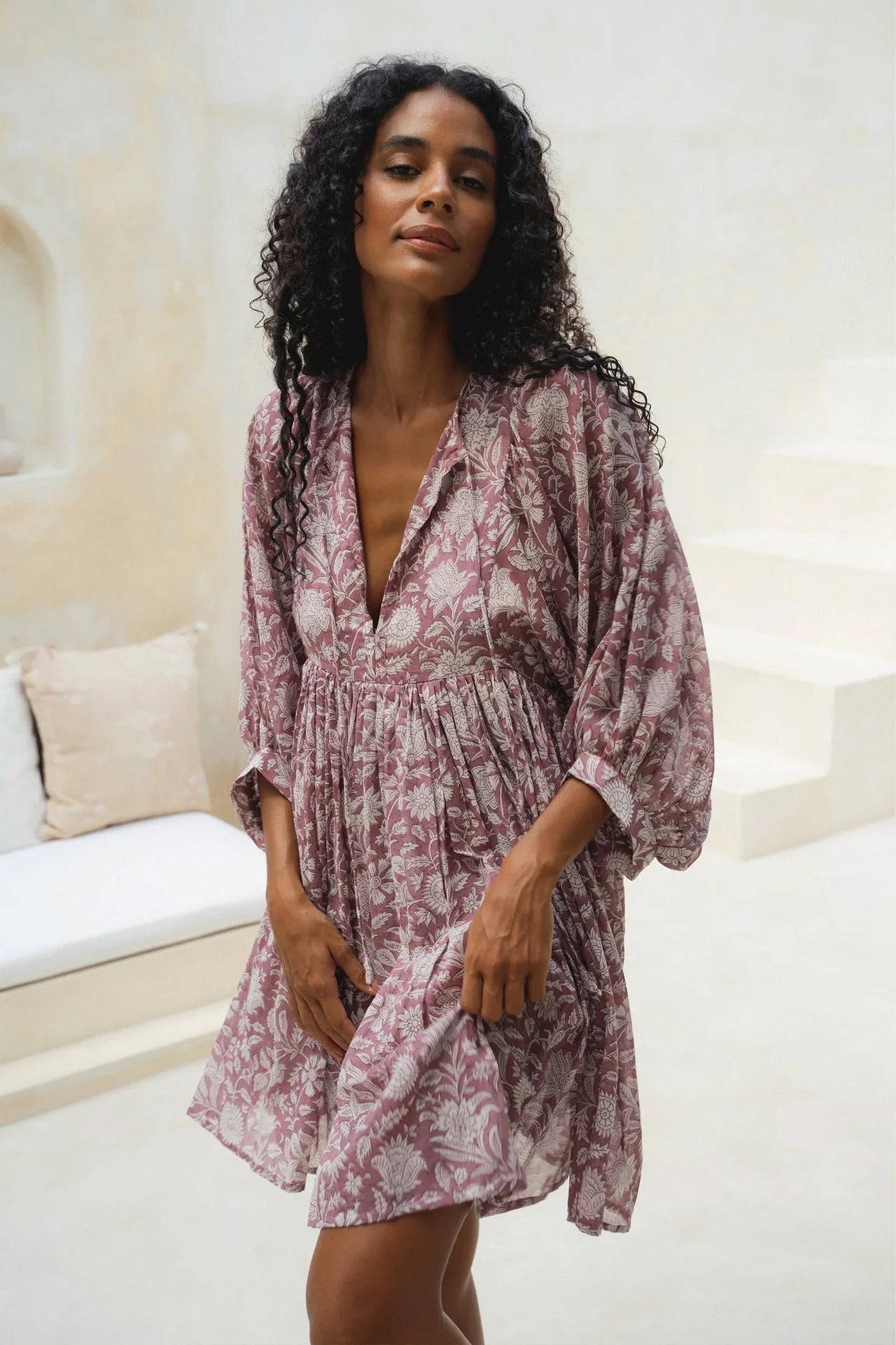 Women's Mini Dress - V-Neck - 3/4 Sleeve - Flowy Relaxed Fit - Lightweight Fabric