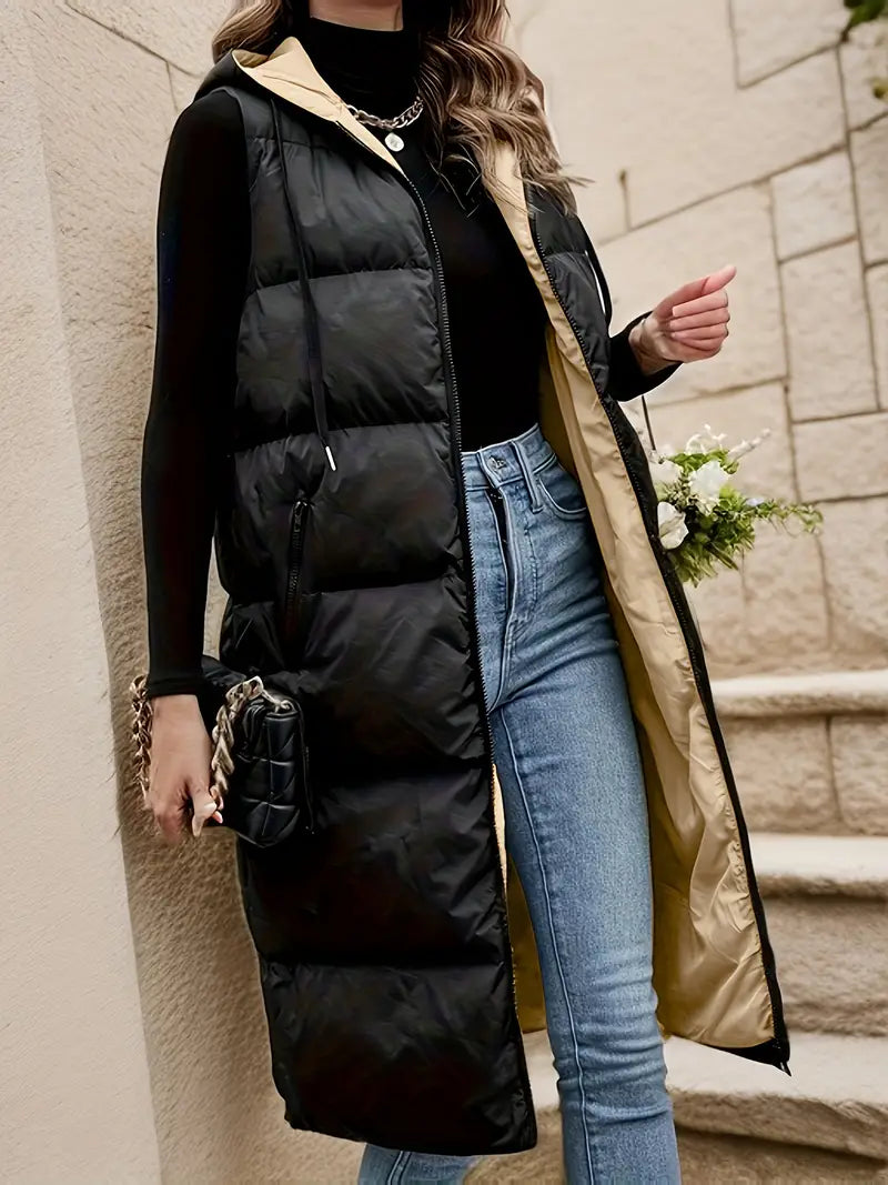 Women's zippered hooded jacket with drawstring and slant pockets