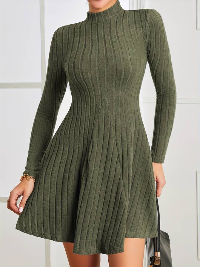 Women's Ribbed Knit Dress - Fit-and-Flare - Long Sleeve Mock Neck Elegant Style