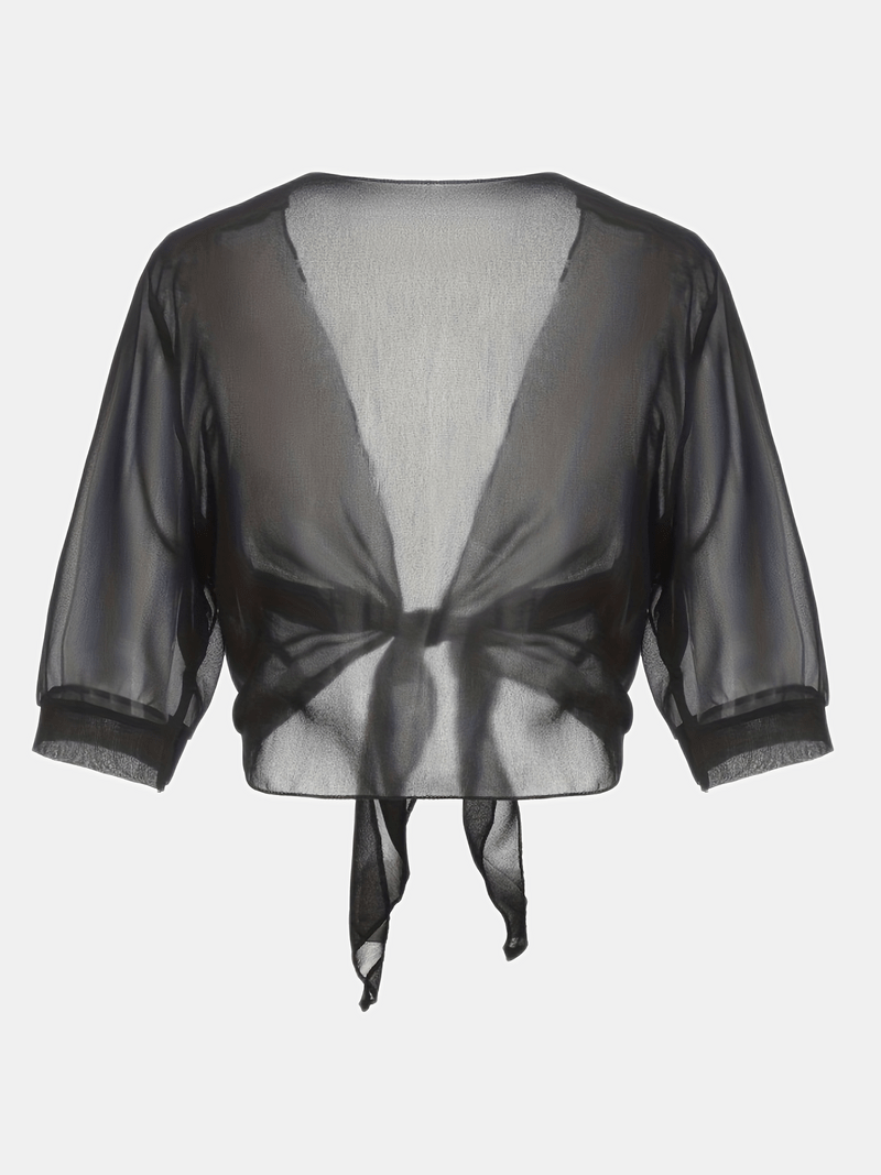Women's Bolero Jacket - Open Front Tie Closure - Three-Quarter Sleeve Layering Piece