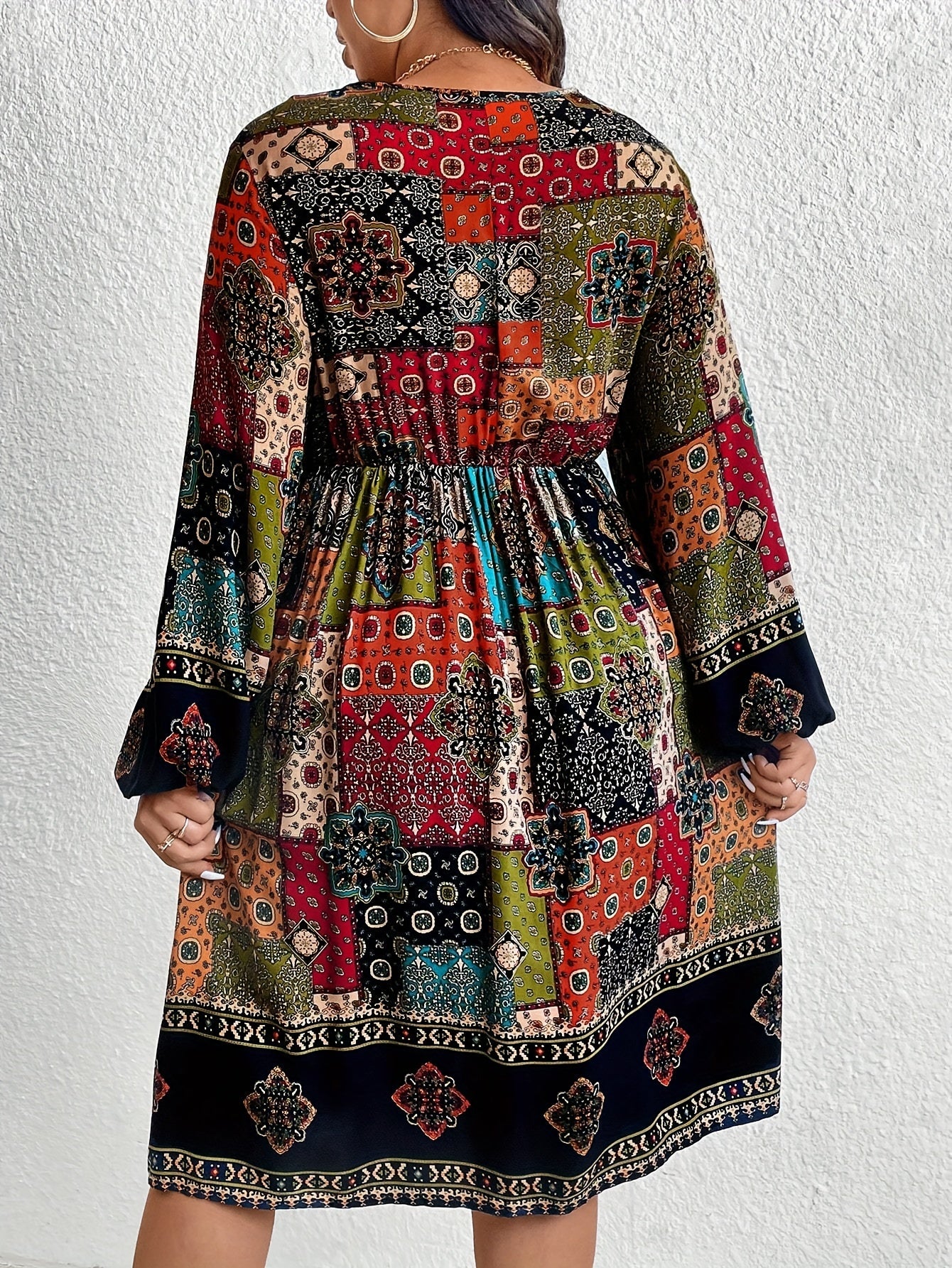 Patchwork Print Flowy V-Neck Midi Dress