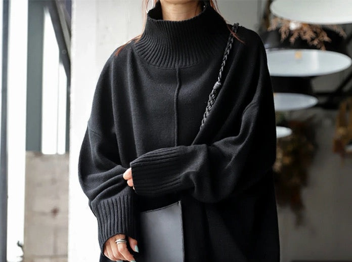 High Neck Long Sleeve Black Sweater