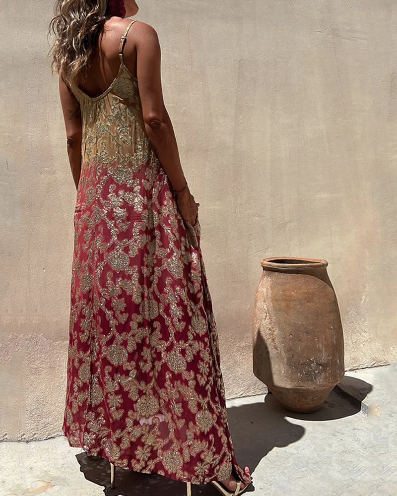 Women's Maxi Dress - Flowy Loose Fit - Spaghetti Straps - Elegant Floral Print