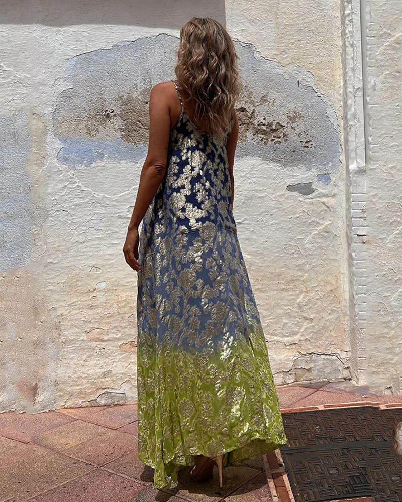 Women's Maxi Dress - Flowy Loose Fit - Spaghetti Straps - Elegant Floral Print