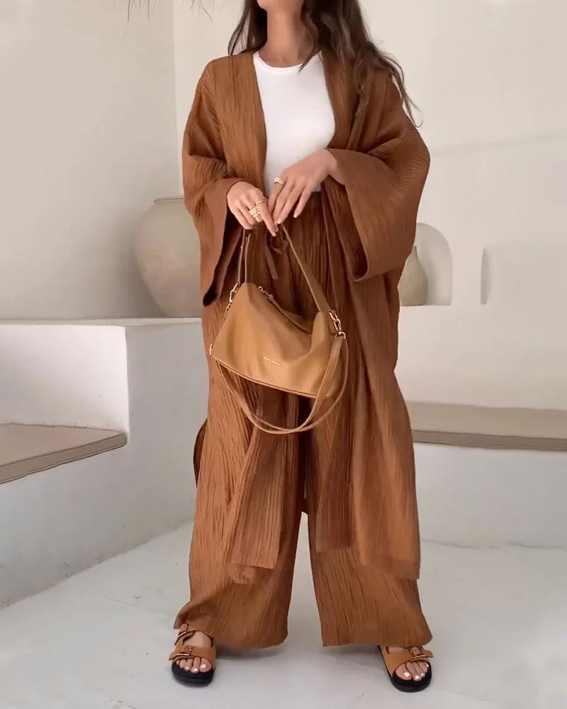 Women's autumn pleated textured top and pants set
