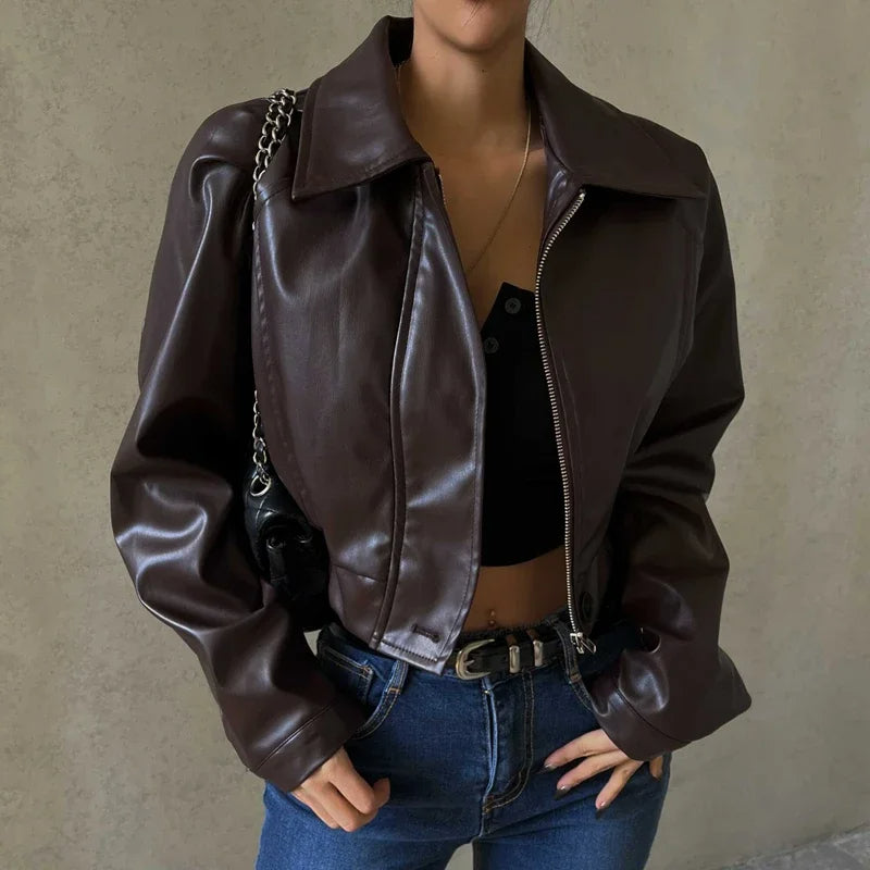 Women’s brown leather cropped jacket