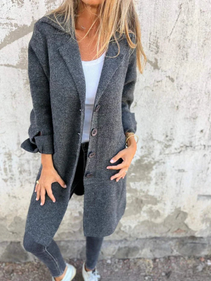 Women's long casual coat with button closure