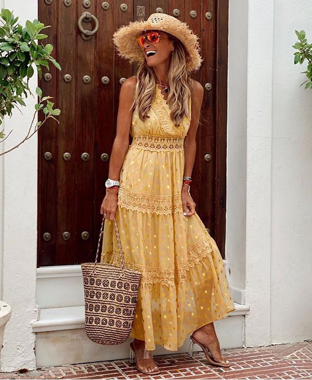 Women's Maxi Dress - Sleeveless Halter Neck - Lace Detail - Boho Flowing Tiered Skirt