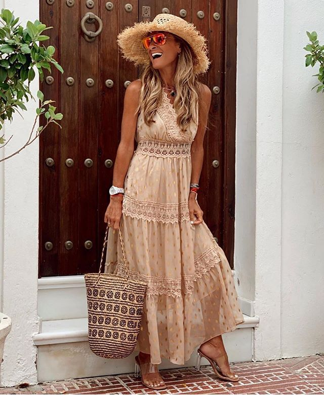 Women's Maxi Dress - Sleeveless Halter Neck - Lace Detail - Boho Flowing Tiered Skirt