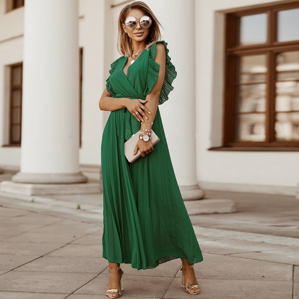 Women’s Maxi Dress – Sleeveless V-Neck – Pleated Wrap Style – Ruffle Shoulder Elegant Fit