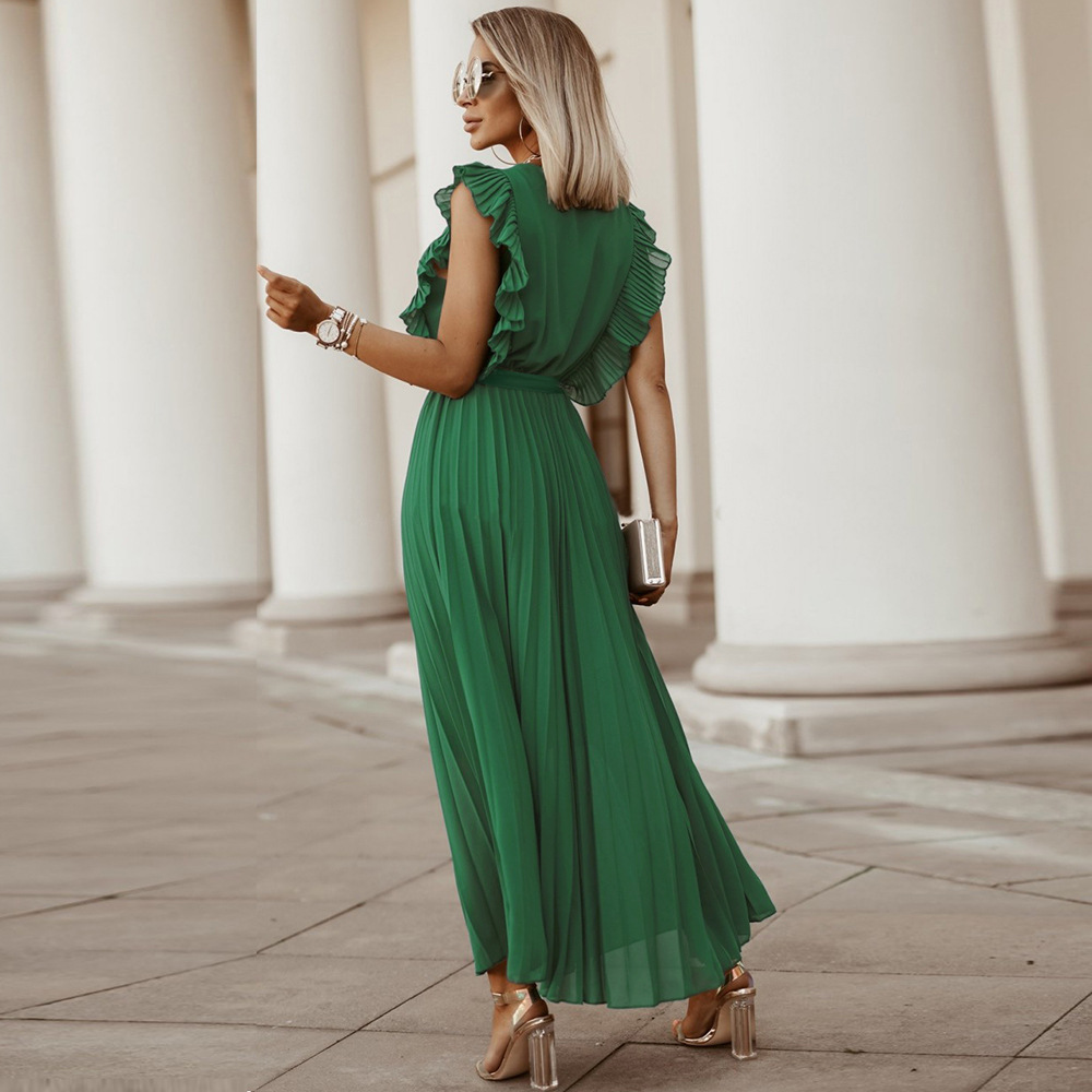 Women’s Maxi Dress – Sleeveless V-Neck – Pleated Wrap Style – Ruffle Shoulder Elegant Fit