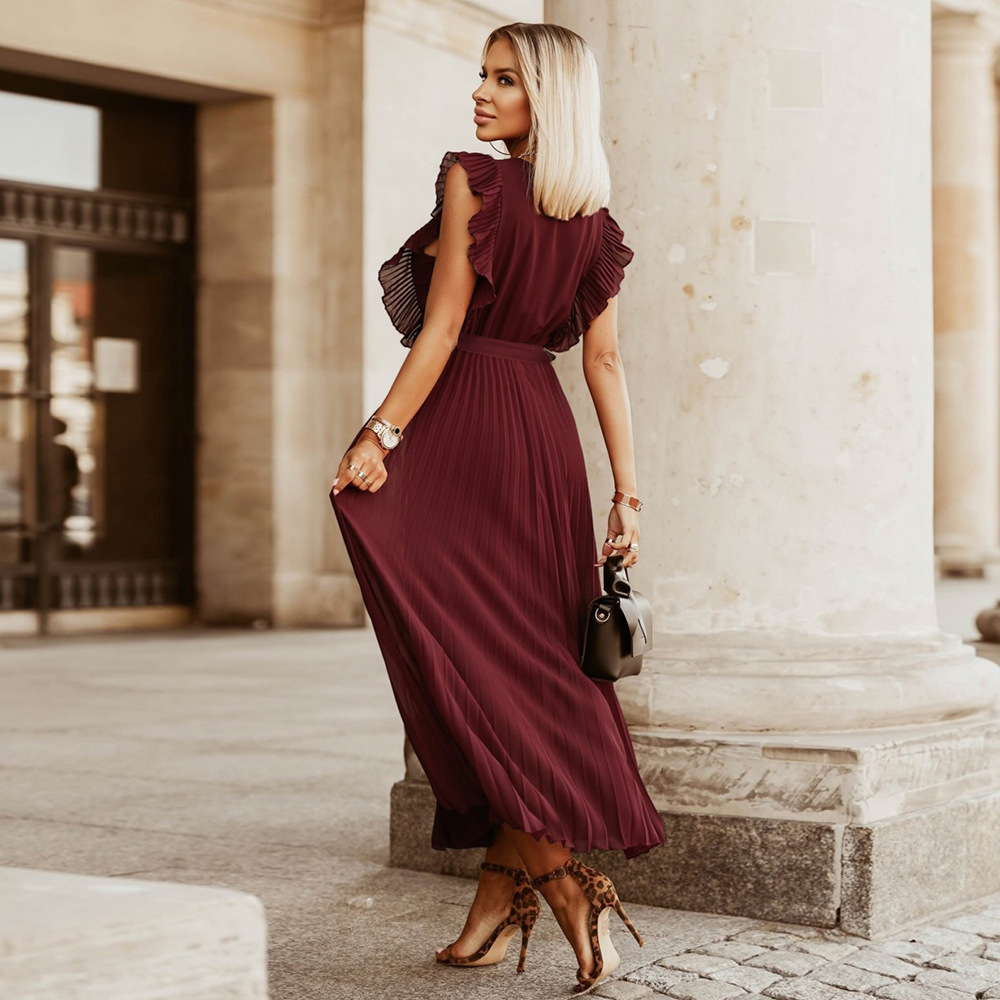 Women’s Maxi Dress – Sleeveless V-Neck – Pleated Wrap Style – Ruffle Shoulder Elegant Fit
