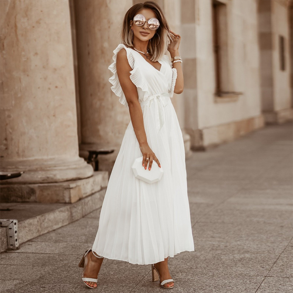 Women’s Maxi Dress – Sleeveless V-Neck – Pleated Wrap Style – Ruffle Shoulder Elegant Fit