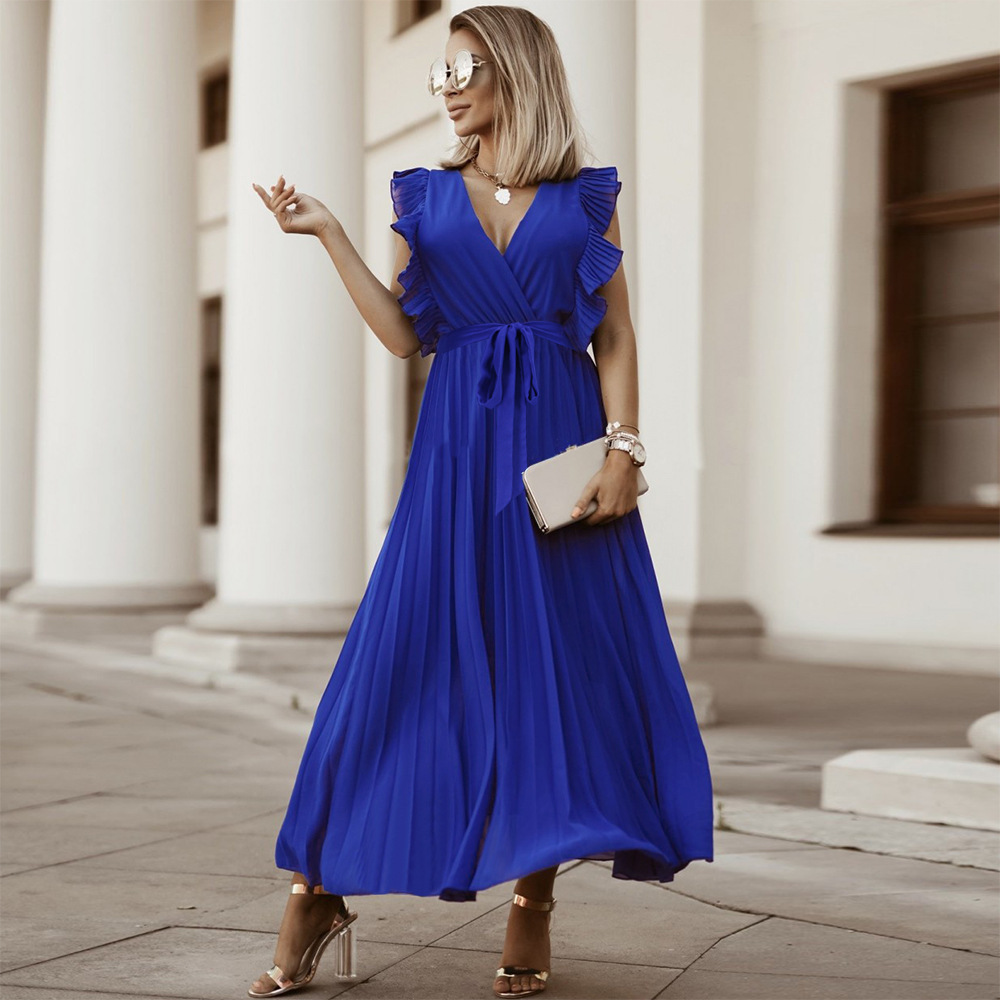 Women’s Maxi Dress – Sleeveless V-Neck – Pleated Wrap Style – Ruffle Shoulder Elegant Fit