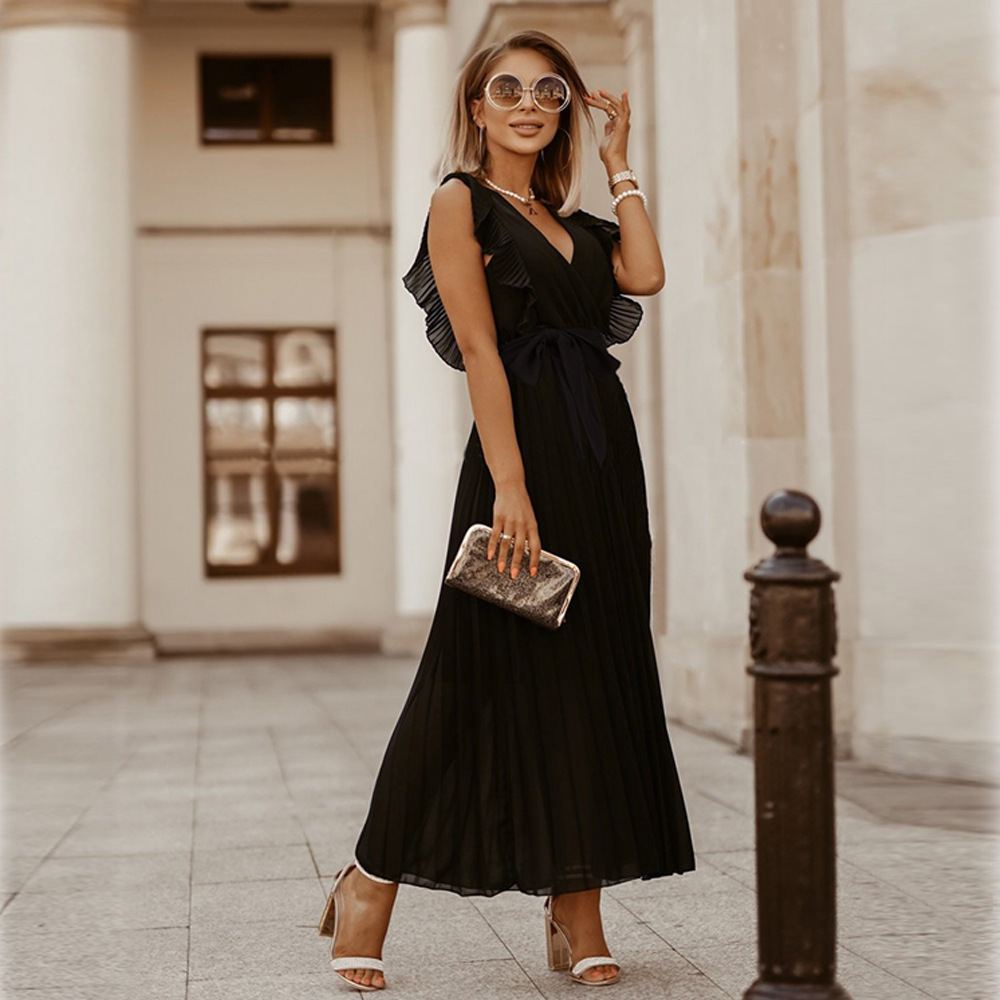 Women’s Maxi Dress – Sleeveless V-Neck – Pleated Wrap Style – Ruffle Shoulder Elegant Fit