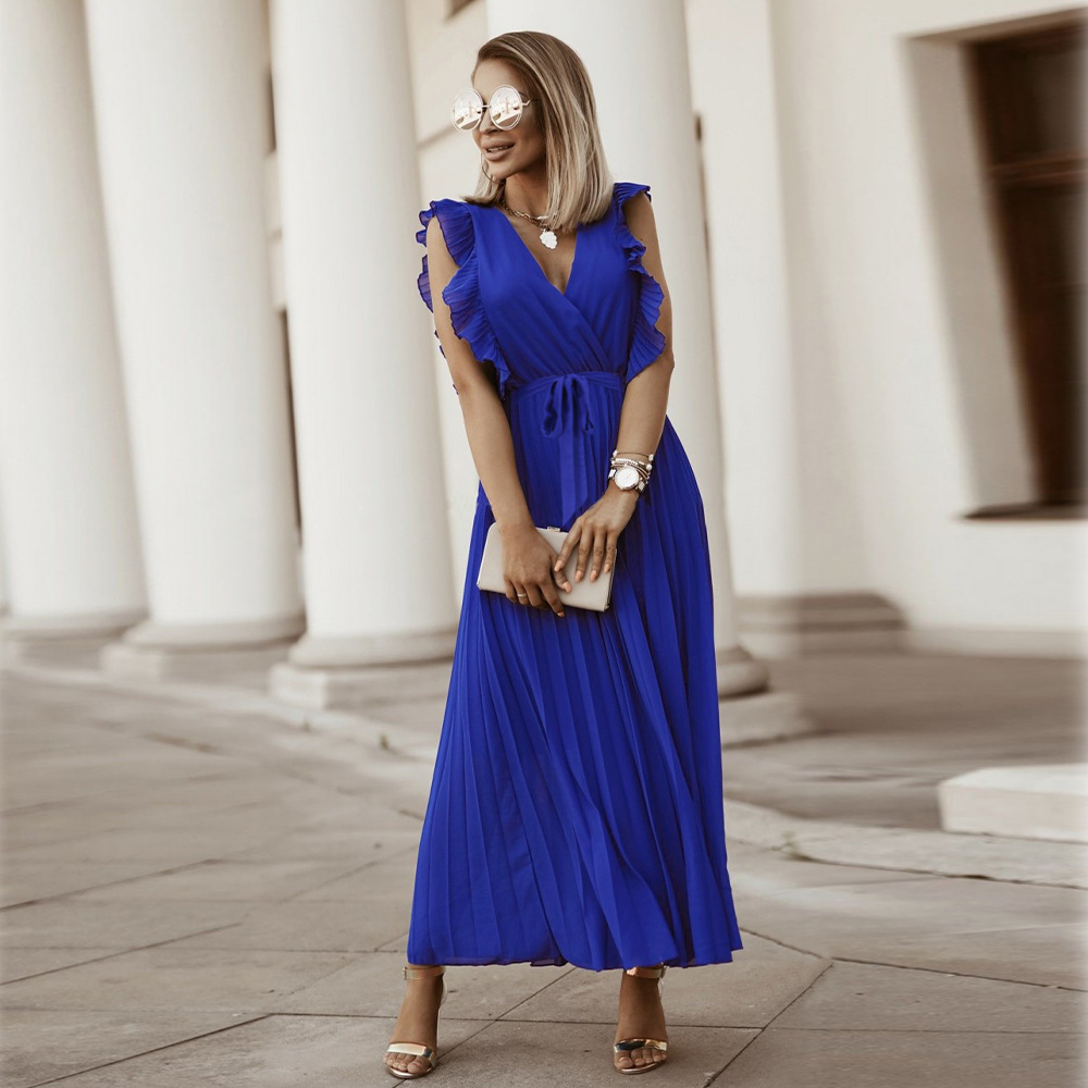 Women’s Maxi Dress – Sleeveless V-Neck – Pleated Wrap Style – Ruffle Shoulder Elegant Fit