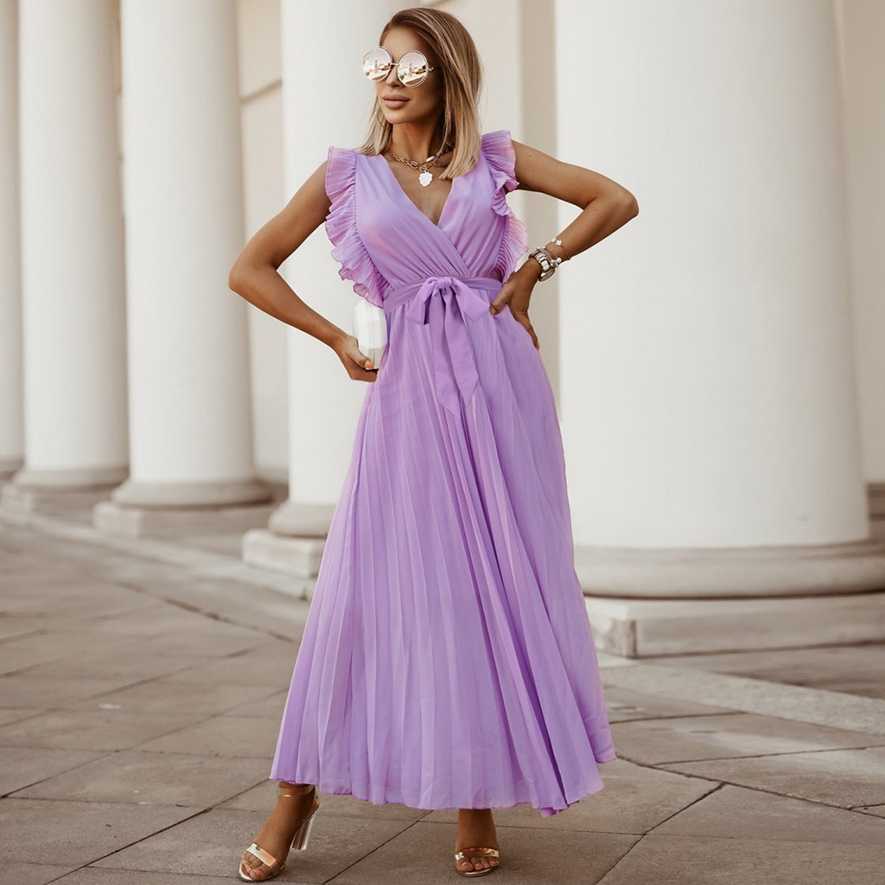 Women’s Maxi Dress – Sleeveless V-Neck – Pleated Wrap Style – Ruffle Shoulder Elegant Fit