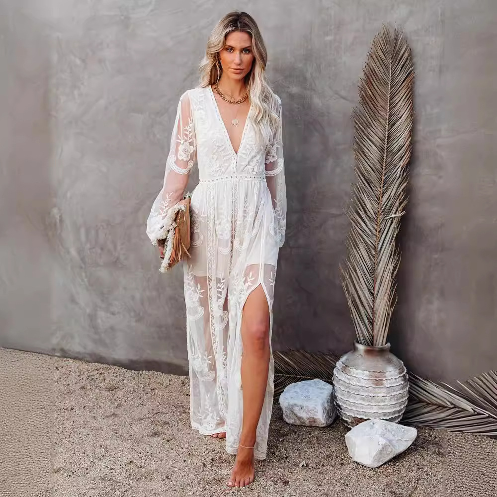 Women's Lace Maxi Dress - Plunging V-Neck - Long Sleeve - Floral Embroidery - Flowy Fit