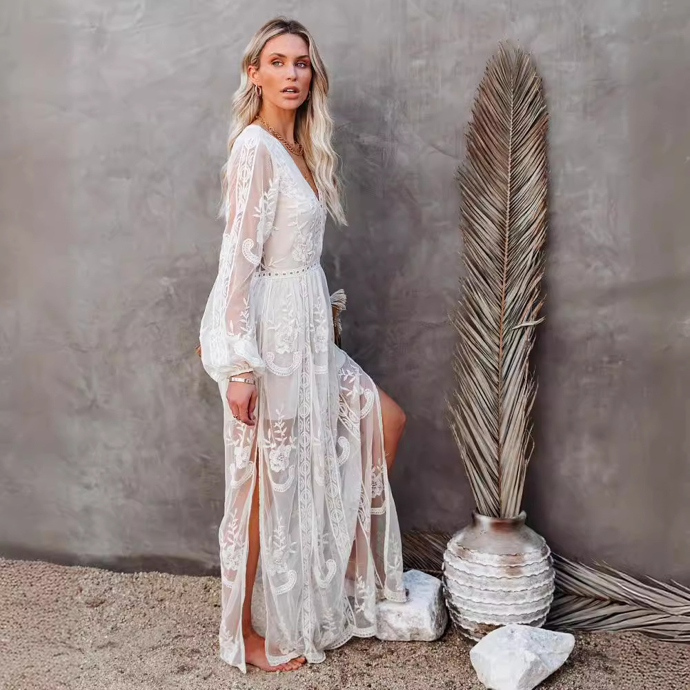 Women's Lace Maxi Dress - Plunging V-Neck - Long Sleeve - Floral Embroidery - Flowy Fit