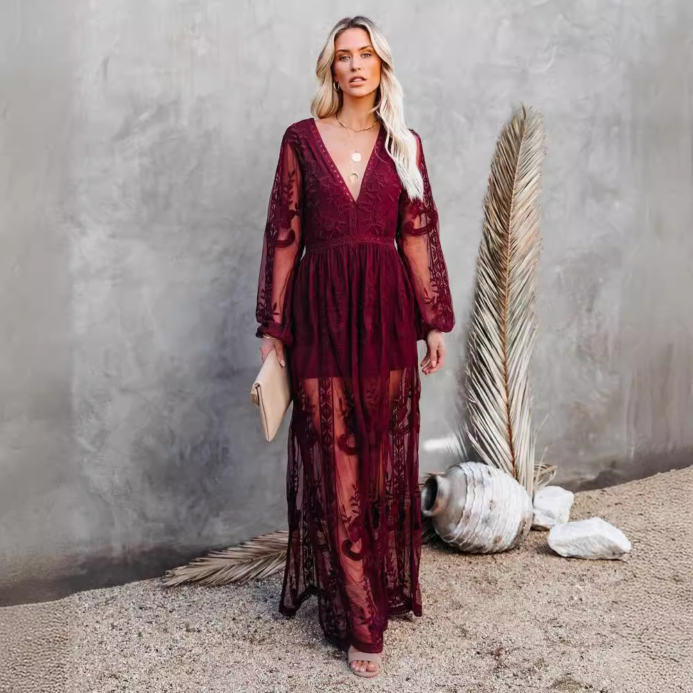 Women's Lace Maxi Dress - Plunging V-Neck - Long Sleeve - Floral Embroidery - Flowy Fit
