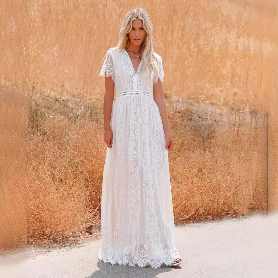 Women's Maxi Dress - Floor-Length Lace - V-Neck Short Sleeve Elegant Formal Wear