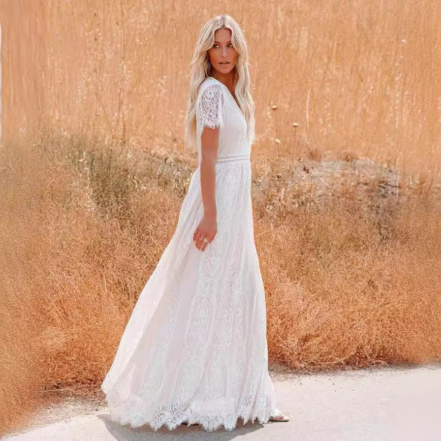 Women's Maxi Dress - Floor-Length Lace - V-Neck Short Sleeve Elegant Formal Wear